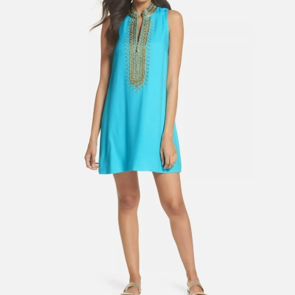 LILY PULITZER Shift Dress Turquoise Gold Luxury Cocktail Designer‎ Cruise Resort